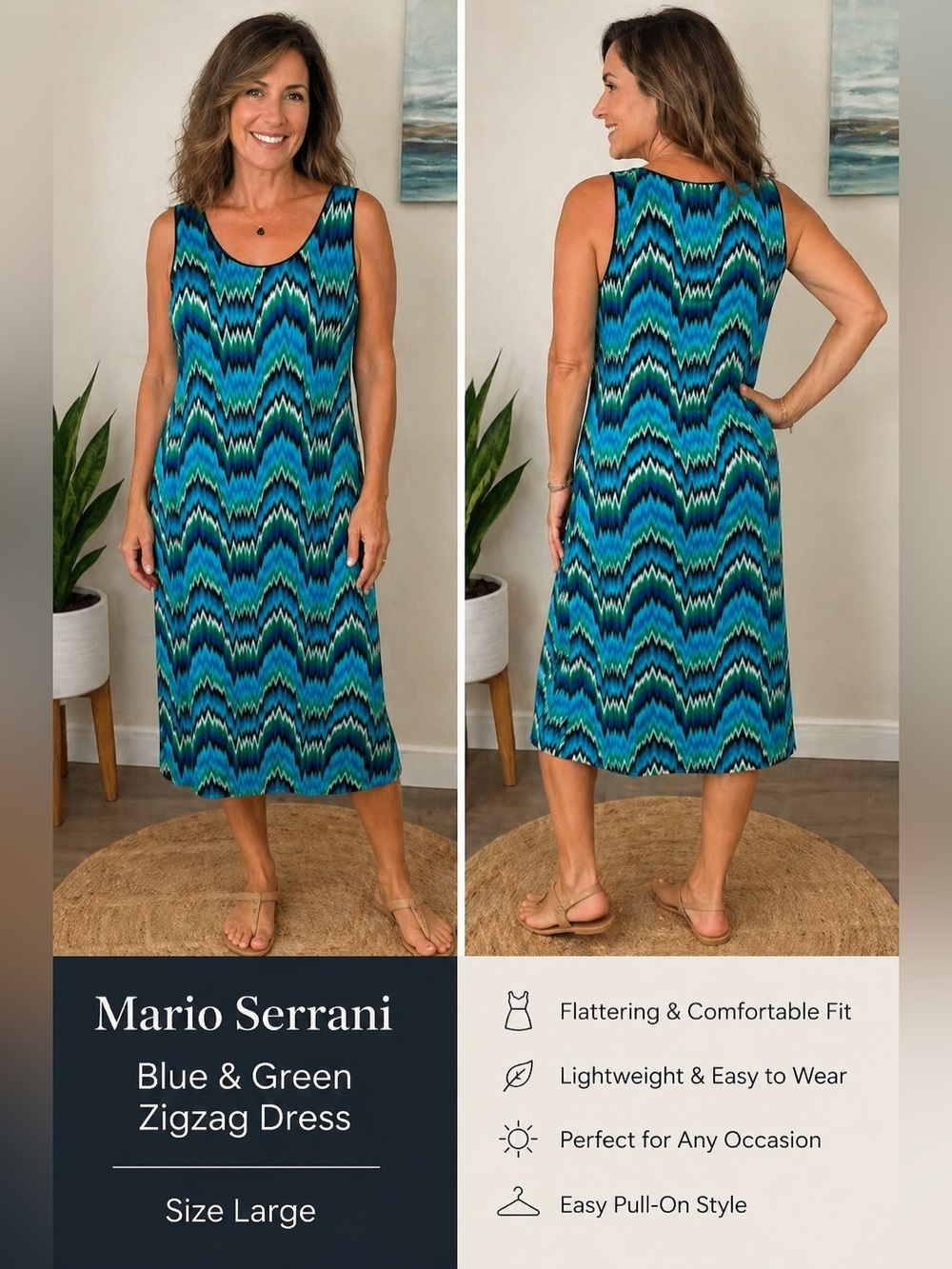 Mario Serrani Blue and Green Zigzag long Dress, size large